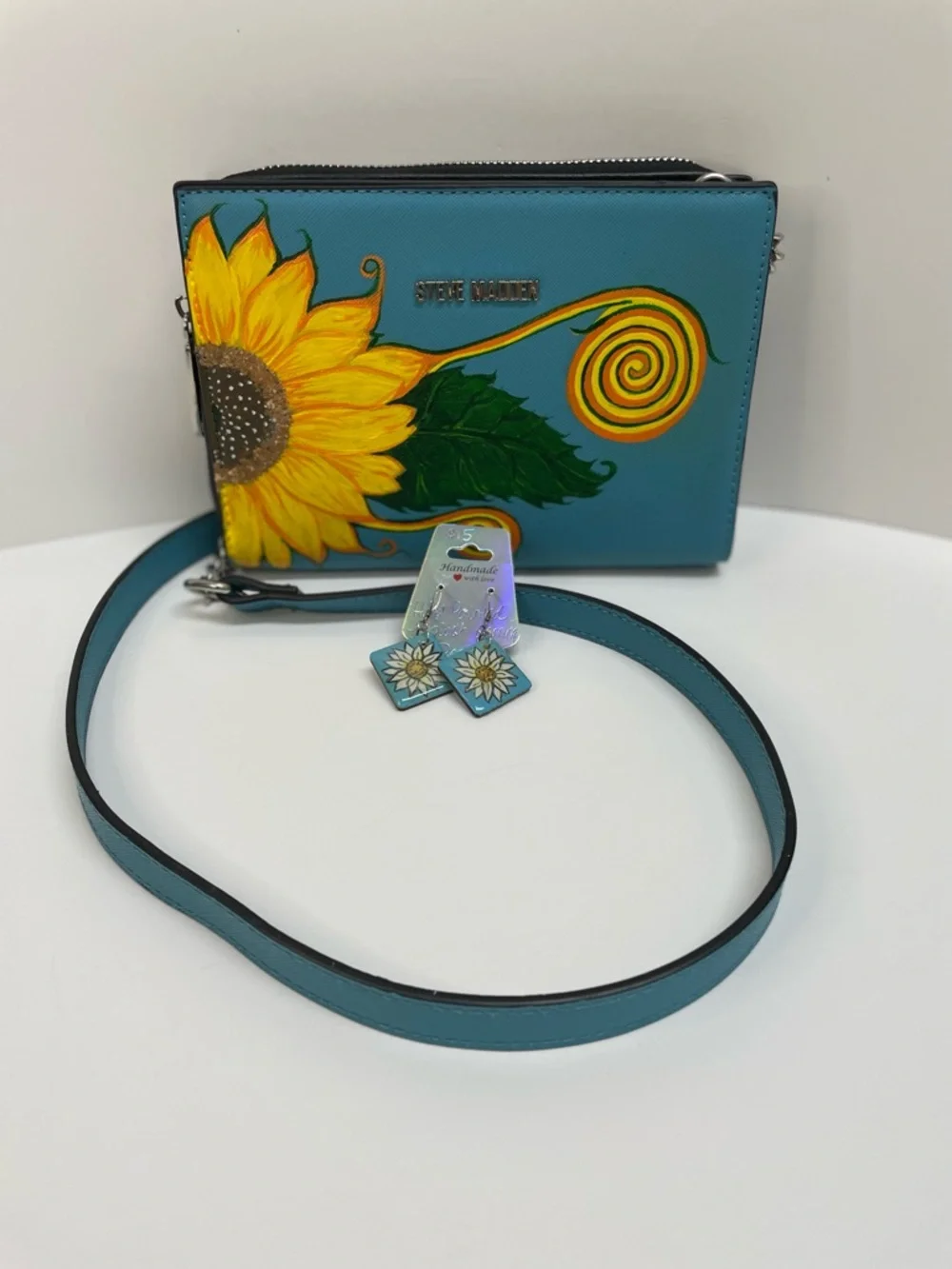 Steve Madden Teal Crossbody with Hand-Painted Sunflower & Earrings - Picture 3 of 7